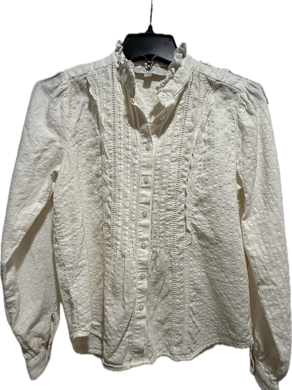 Ann Taylor Loft pintuck ruffle ivory stand collar button down shirt XS